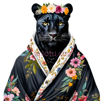 黑豹,穿着带有花卉图案的,服,黑色毛发,黄色眼睛,头戴彩色花环, PNG