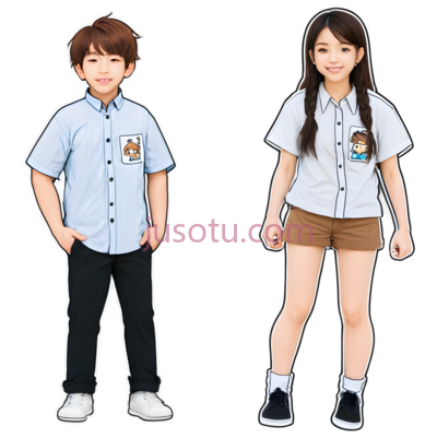 男孩,女孩,卡通,浅蓝色衬衫, 棕色短裤, 白色鞋子, PNG