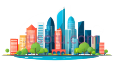 城市建筑,卡通,蓝色,绿色,橙色PNG