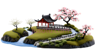 小岛,东方建筑,红色屋顶,白色栏杆, PNG