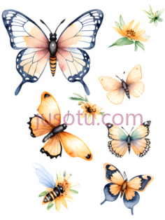 蝴蝶,蜜蜂,花朵,卡通,黄色,绿色PNG