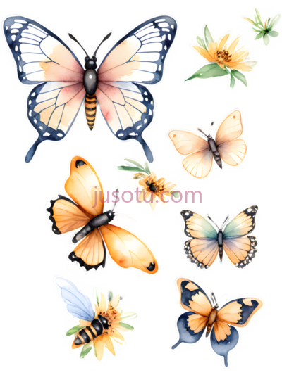 蝴蝶,蜜蜂,花朵,卡通,黄色,绿色, PNG