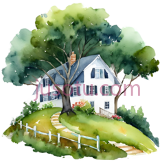 房子,水彩画,绿色, 白色PNG