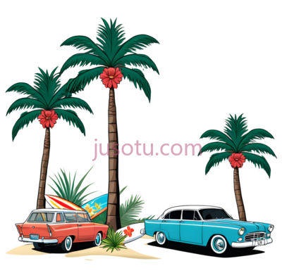 汽车,冲浪板,棕榈树,花朵,复古,热带,红色, PNG