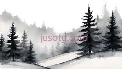 雪景,水墨画,黑白, PNG