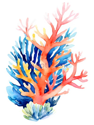 珊瑚,水彩画,蓝色, 红色, PNG
