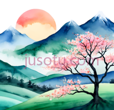 山, 树, 月亮,水彩画,蓝色,绿色,粉色,橙色PNG