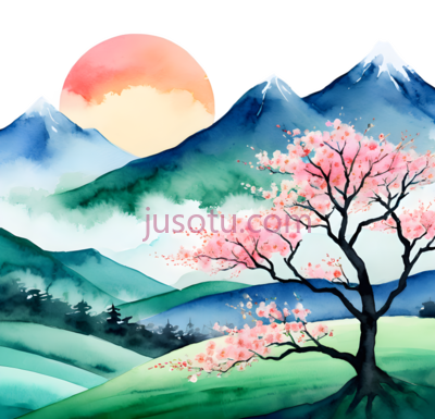 山, 树, 月亮,水彩画,蓝色,绿色,粉色,橙色, PNG