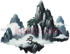 高山,云雾,瀑布,空中岛屿,水墨画,水墨PNG