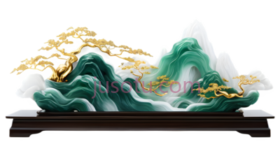 山水盆景,传统中式,绿色,白色,金色, PNG