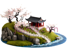 小岛,东方建筑,红色屋顶,白色栏杆PNG
