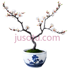 梅花盆景,中式,白色花朵,棕色树枝,绿色叶子PNG