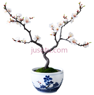 梅花盆景,中式,白色花朵,棕色树枝,绿色叶子, PNG