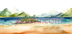 山,水,沙滩,水彩画,绿色,蓝色,白色,黄色PNG