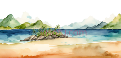 山,水,沙滩,水彩画,绿色,蓝色,白色,黄色, PNG