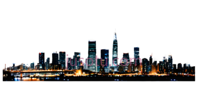 城市天际线,现代都市,蓝色,黄色,白色灯光, PNG