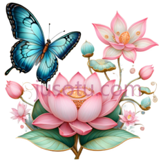 蝴蝶,莲花,卡通,蓝色,粉色PNG