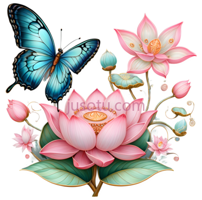 蝴蝶,莲花,卡通,蓝色,粉色, PNG