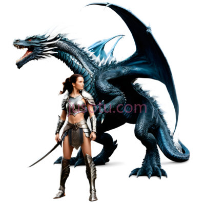 女战士,龙,幻想,蓝色,灰色, PNG