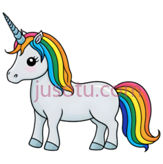 独角兽,卡通,白色身体, 多彩鬃毛,尾巴PNG