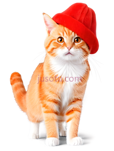 猫,戴红色帽子的橘色虎斑猫,橙色带白色, PNG