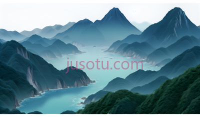 山水画,水墨画,蓝色调, PNG
