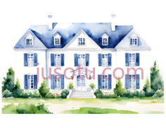 房子,水彩画,蓝色屋顶, 白墙PNG