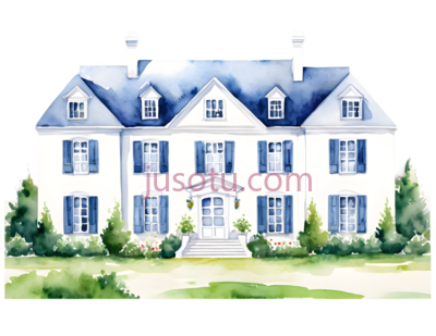 房子,水彩画,蓝色屋顶, 白墙, PNG