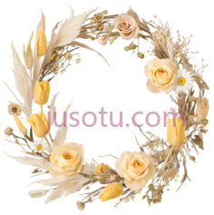 干花花环,淡雅黄色,米色,玫瑰花,郁金香PNG