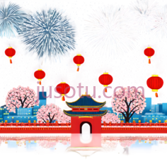 城市天际线,春节庆祝,雪夜景,灯笼,爆竹PNG