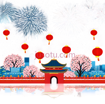 城市天际线,春节庆祝,雪夜景,灯笼,爆竹, PNG