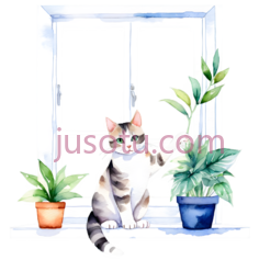 猫,植物,窗户PNG