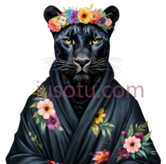 黑豹,穿着,服并戴着花环,黑色皮毛,黄色眼睛,彩色花朵, PNG