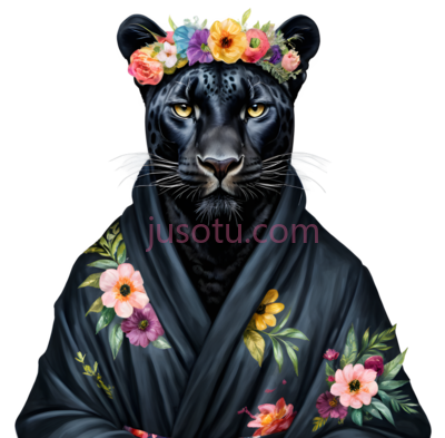 黑豹,穿着,服并戴着花环,黑色皮毛,黄色眼睛,彩色花朵, PNG