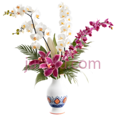 花,传统中式陶瓷花瓶,白色,紫色,绿色PNG