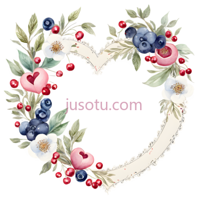 心形花环,水彩画,白色,蓝色,红色, PNG