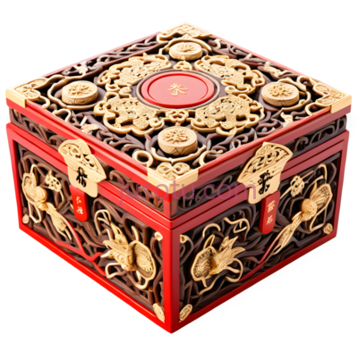 首饰盒,中式,红色,金色, PNG