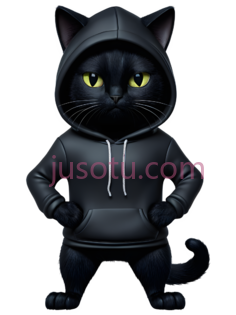 卡通黑猫,穿着连帽衫,黑色PNG