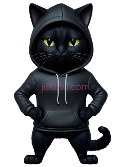卡通黑猫,穿着连帽衫,黑色, PNG