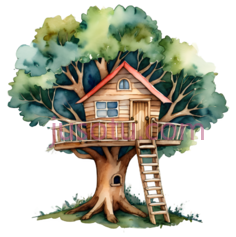 树屋,水彩画,绿色,棕色,红色PNG