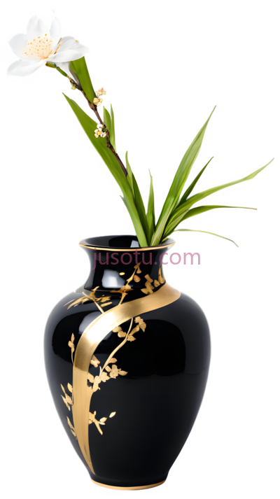 花瓶,黑色带金色花纹, PNG