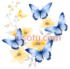蝴蝶,花朵,插画,蓝色,黄色PNG