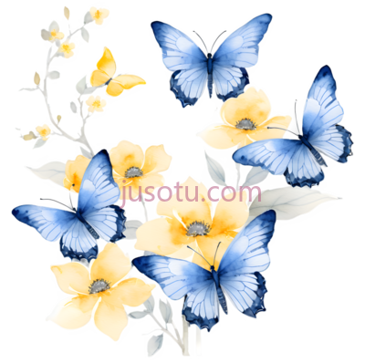 蝴蝶,花朵,插画,蓝色,黄色, PNG