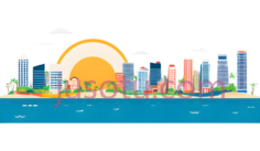 城市天际线,卡通,蓝色,黄色,绿色,粉色PNG