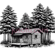 小木屋,树木,素描,黑白PNG