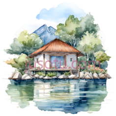 小屋,水彩画,棕色屋顶, 白色墙壁PNG