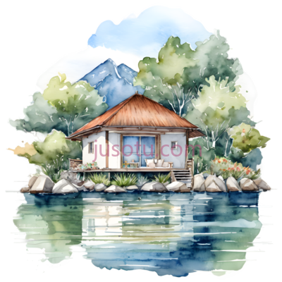 小屋,水彩画,棕色屋顶, 白色墙壁, PNG