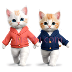 卡通猫,穿着红色外套,穿着蓝色外套,橙色,白色PNG