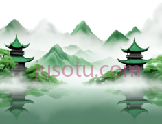 山水画,水墨,绿色,白色PNG