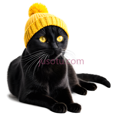 猫,戴黄色毛线帽,黑色, PNG
